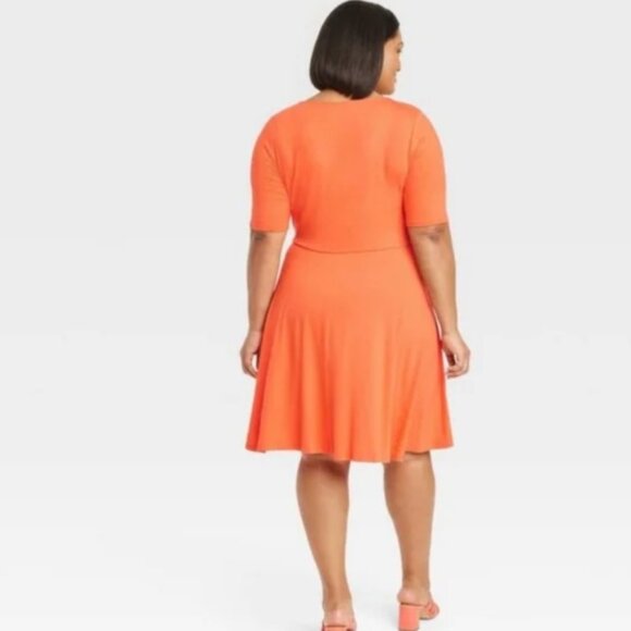 Ava & Viv Orange Peach Coral Fit Flare Knee Midi Skater Swing Dress NWT 2X - Picture 2 of 3